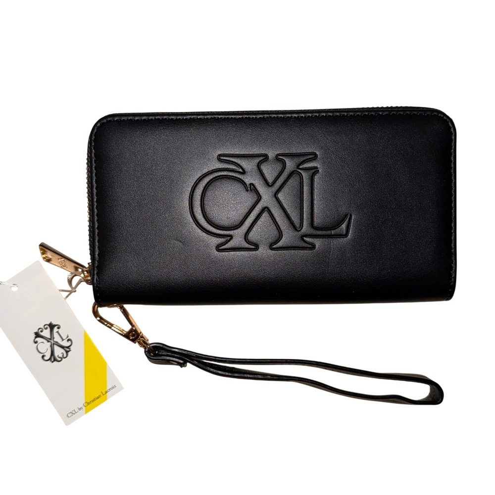 CXL‎ by Christian Lacroix Black Embossed Logo Zip Around Wristlet Wallet NEW